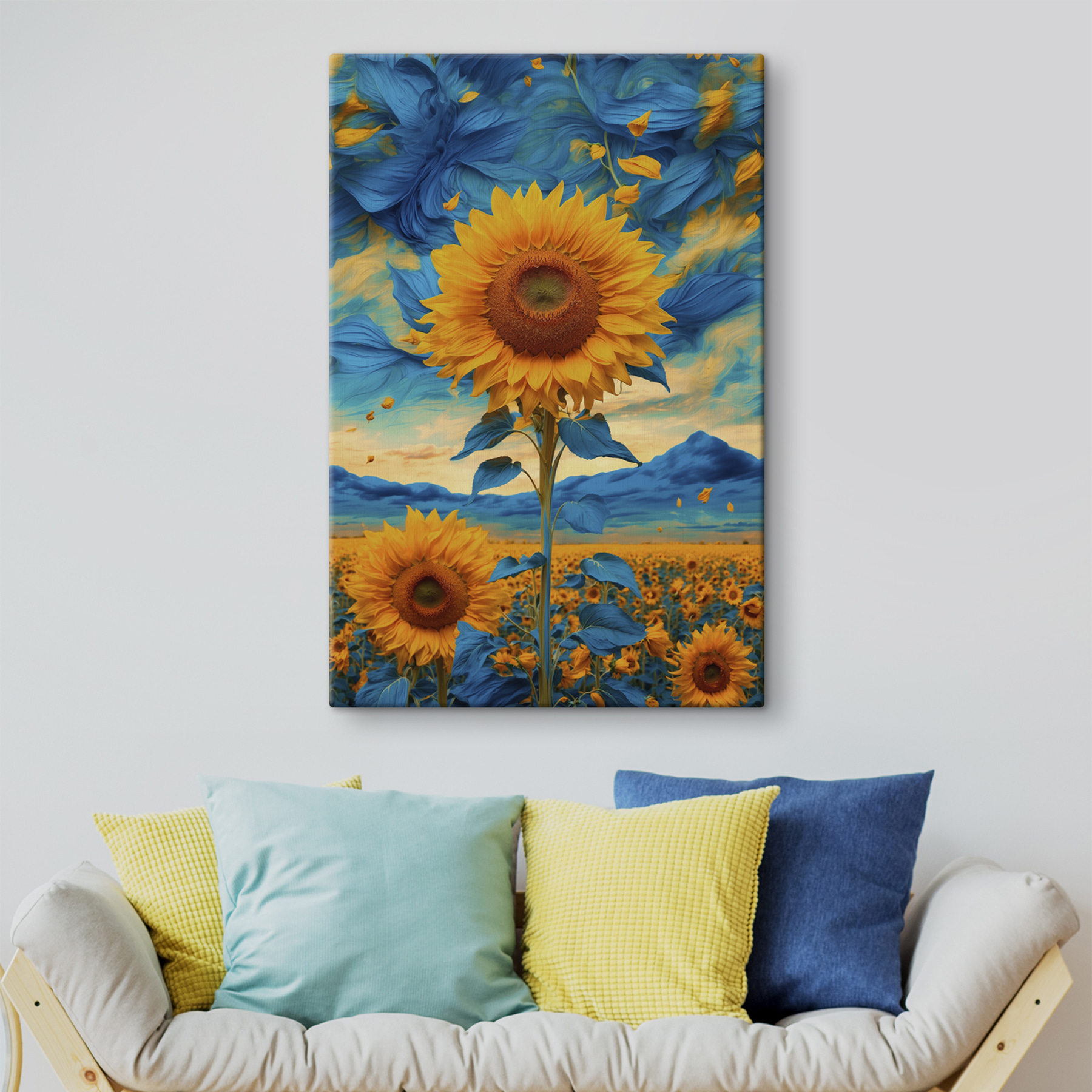 Sunflower with blue and yellow leaves