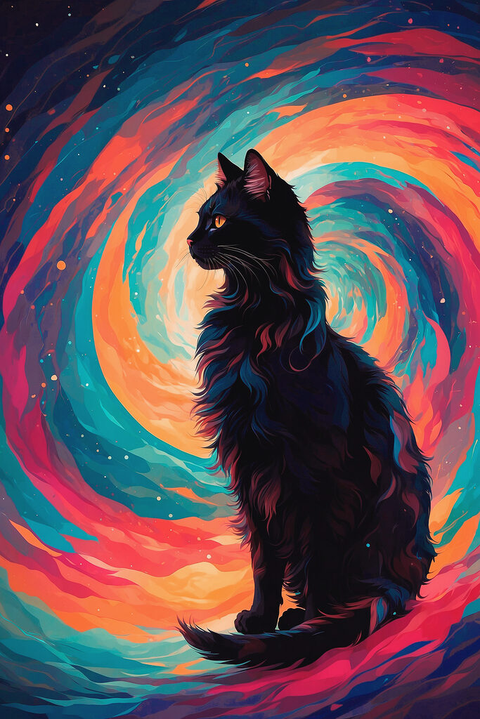 Cat sitting in front of a colorful swirl