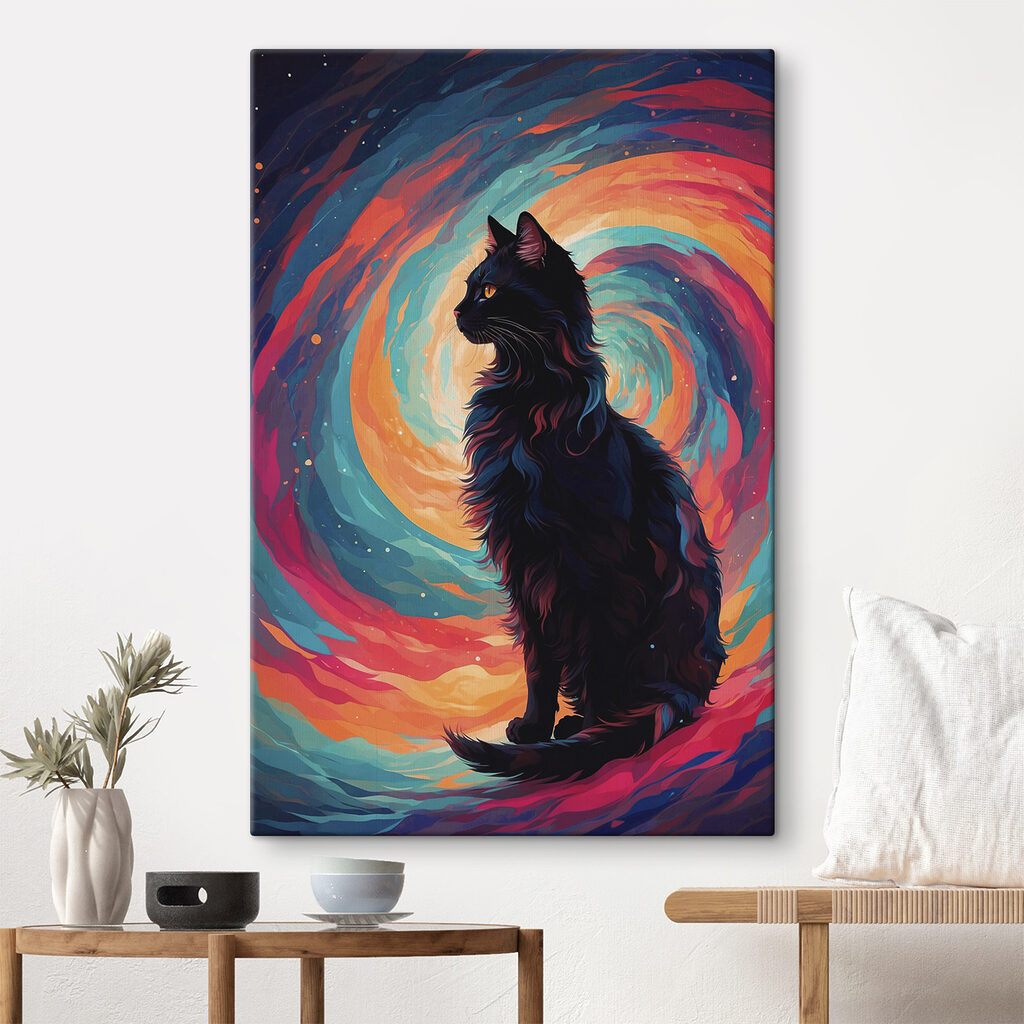 Cat sitting in front of a colorful swirl