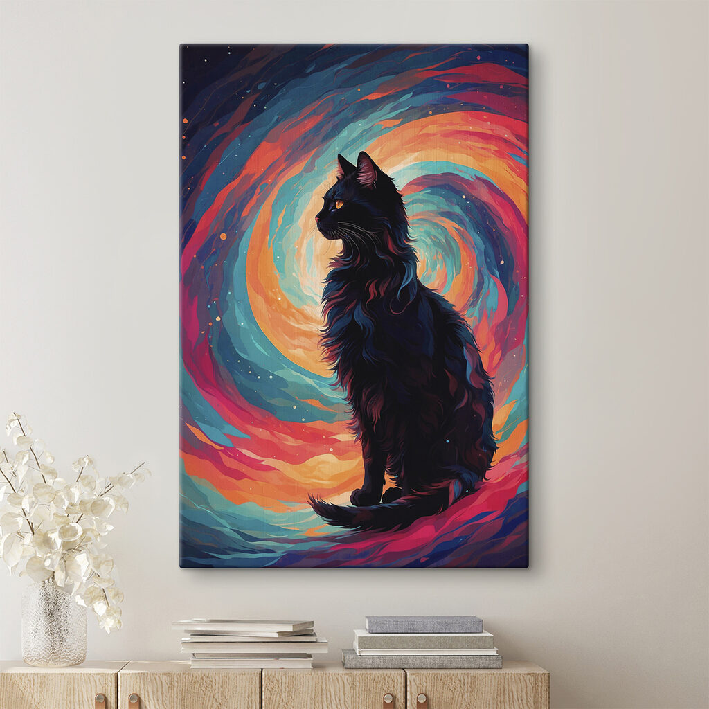 Cat sitting in front of a colorful swirl