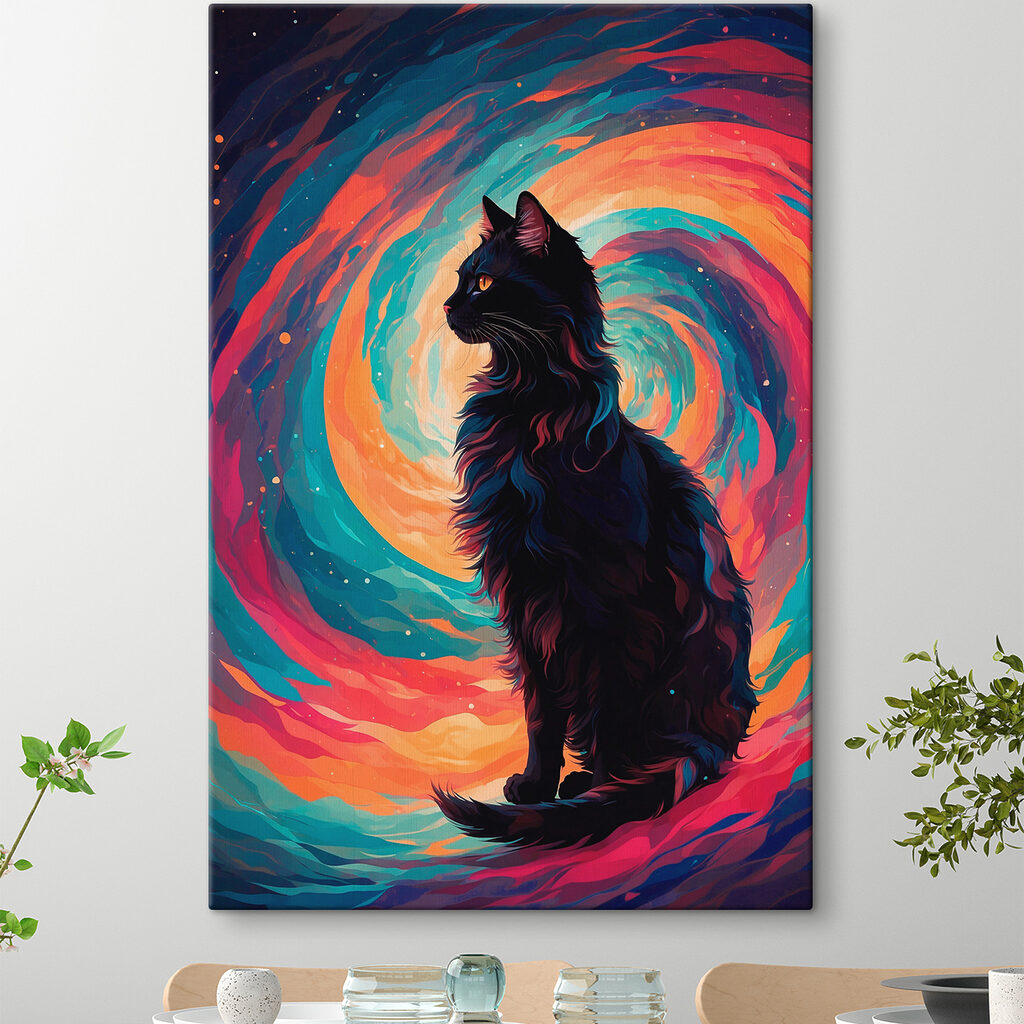 Cat sitting in front of a colorful swirl