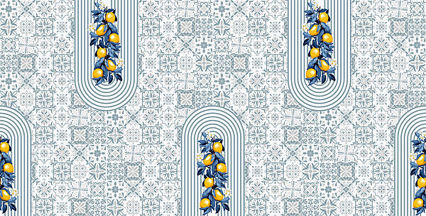 Pattern of fruit on a white and blue background