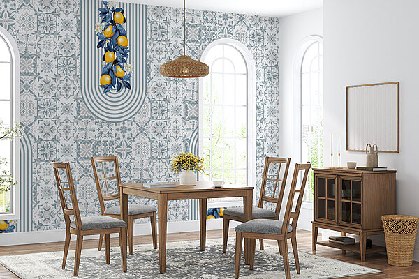 Pattern of fruit on a white and blue background