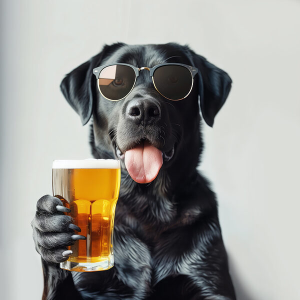 Dog wearing sunglasses and holding a glass of beer Dog wearing sunglasses and holding a glass of beer