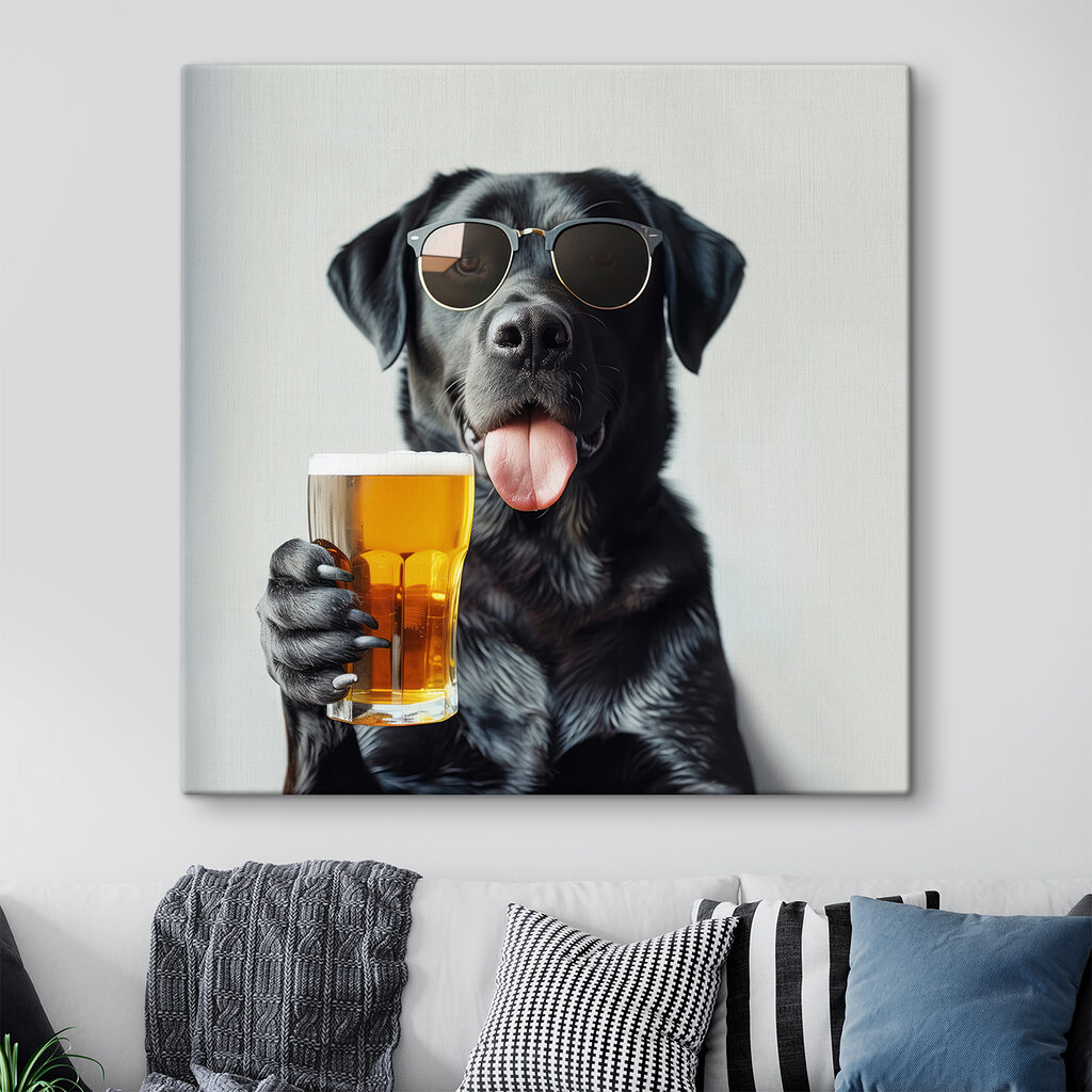 Dog wearing sunglasses and holding a glass of beer Dog wearing sunglasses and holding a glass of beer