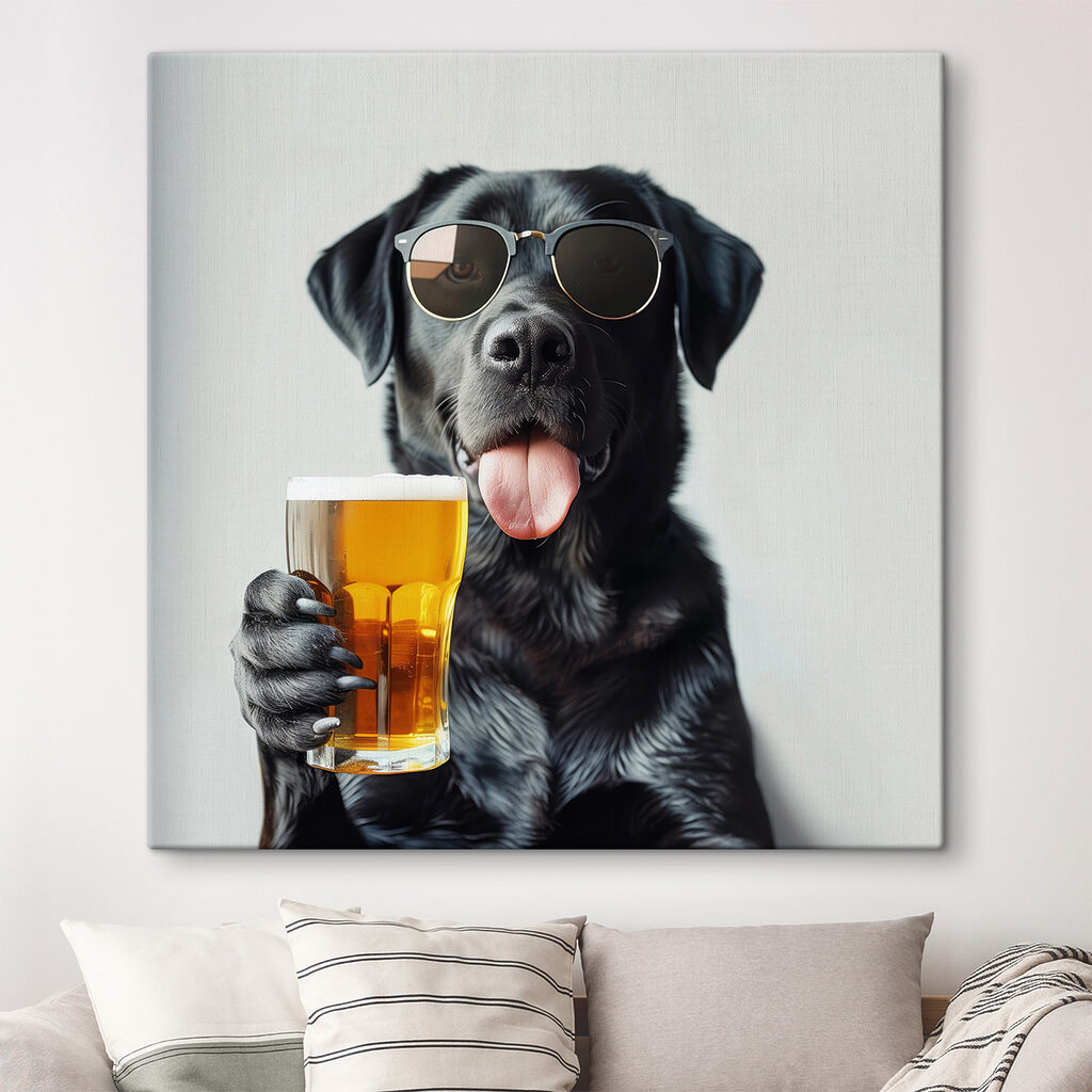 Dog wearing sunglasses and holding a glass of beer Dog wearing sunglasses and holding a glass of beer