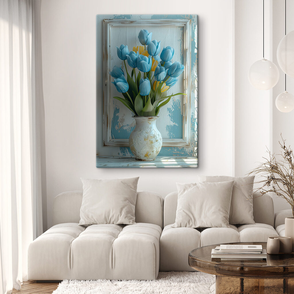 Vase of blue and yellow tulips