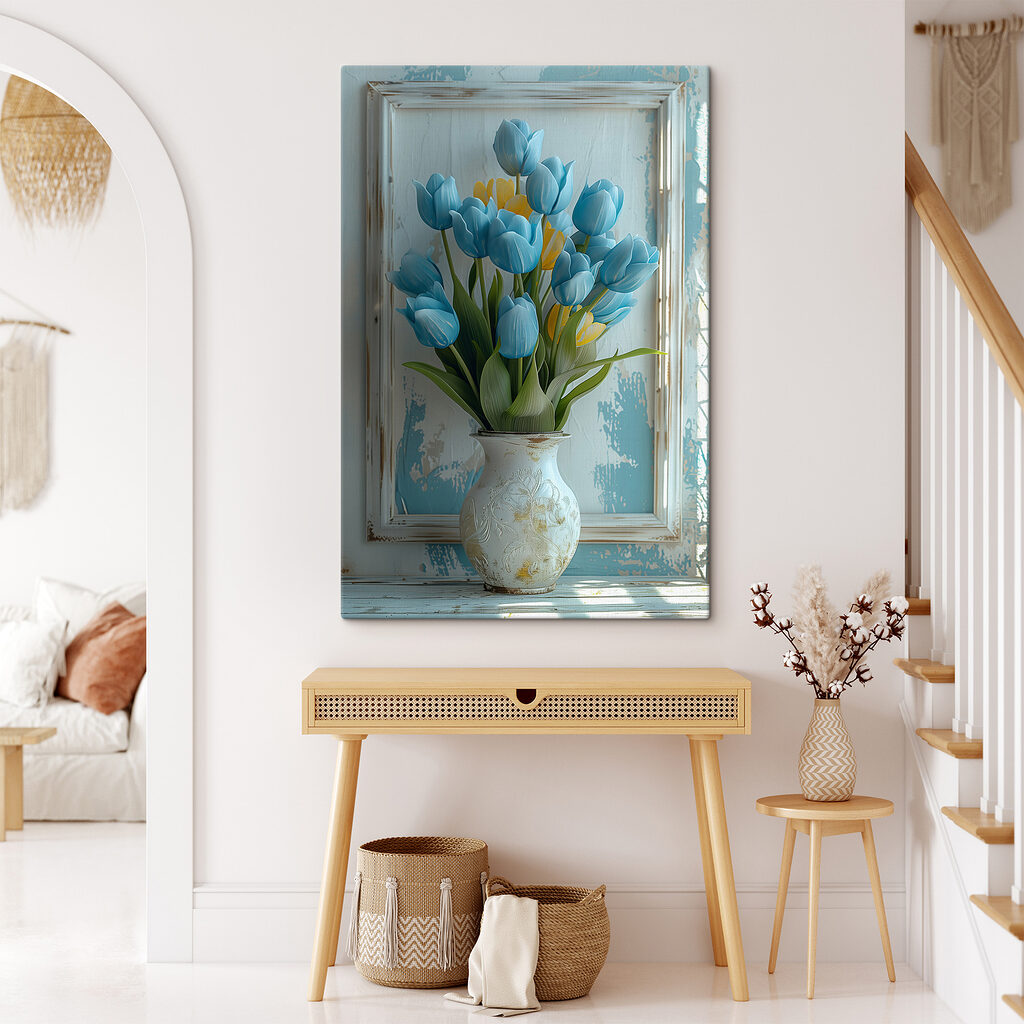 Vase of blue and yellow tulips