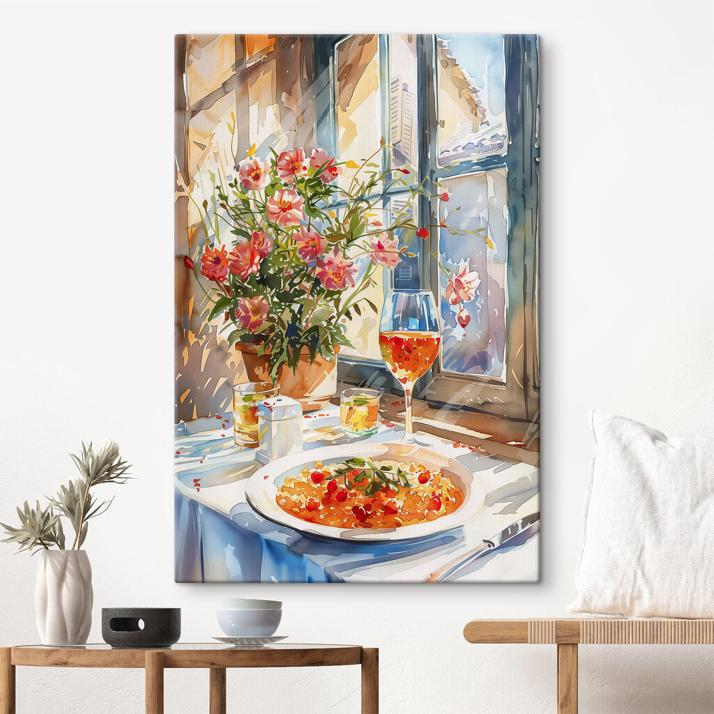 Watercolor painting of a table with food and flowers Watercolor painting of a table with food and flowers