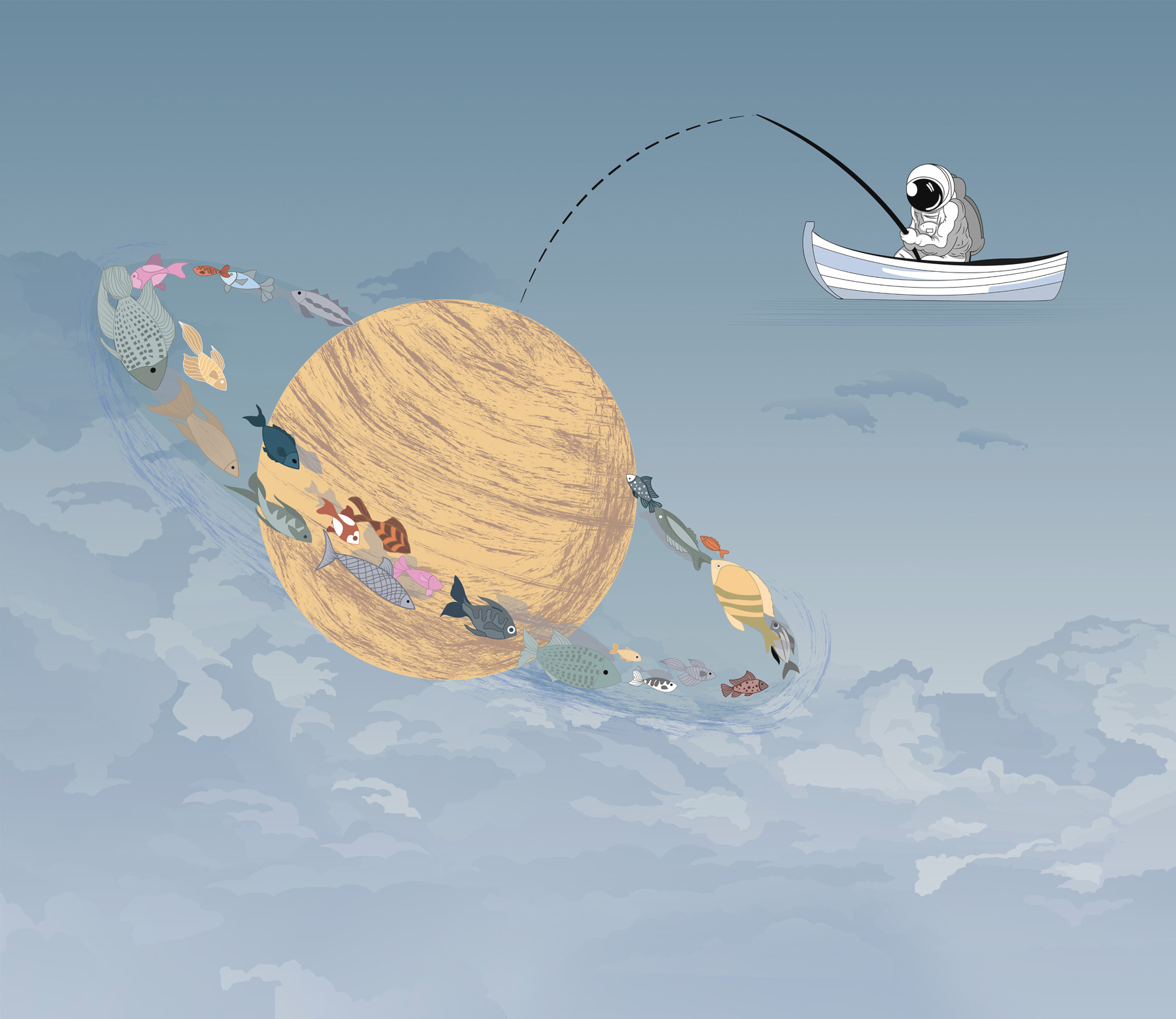 Cartoon of a man fishing in a boat in the sky Cartoon of a man fishing in a boat in the sky