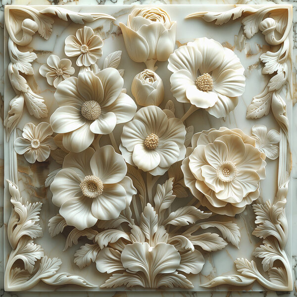 White flower carving on a marble surface White flower carving on a marble surface