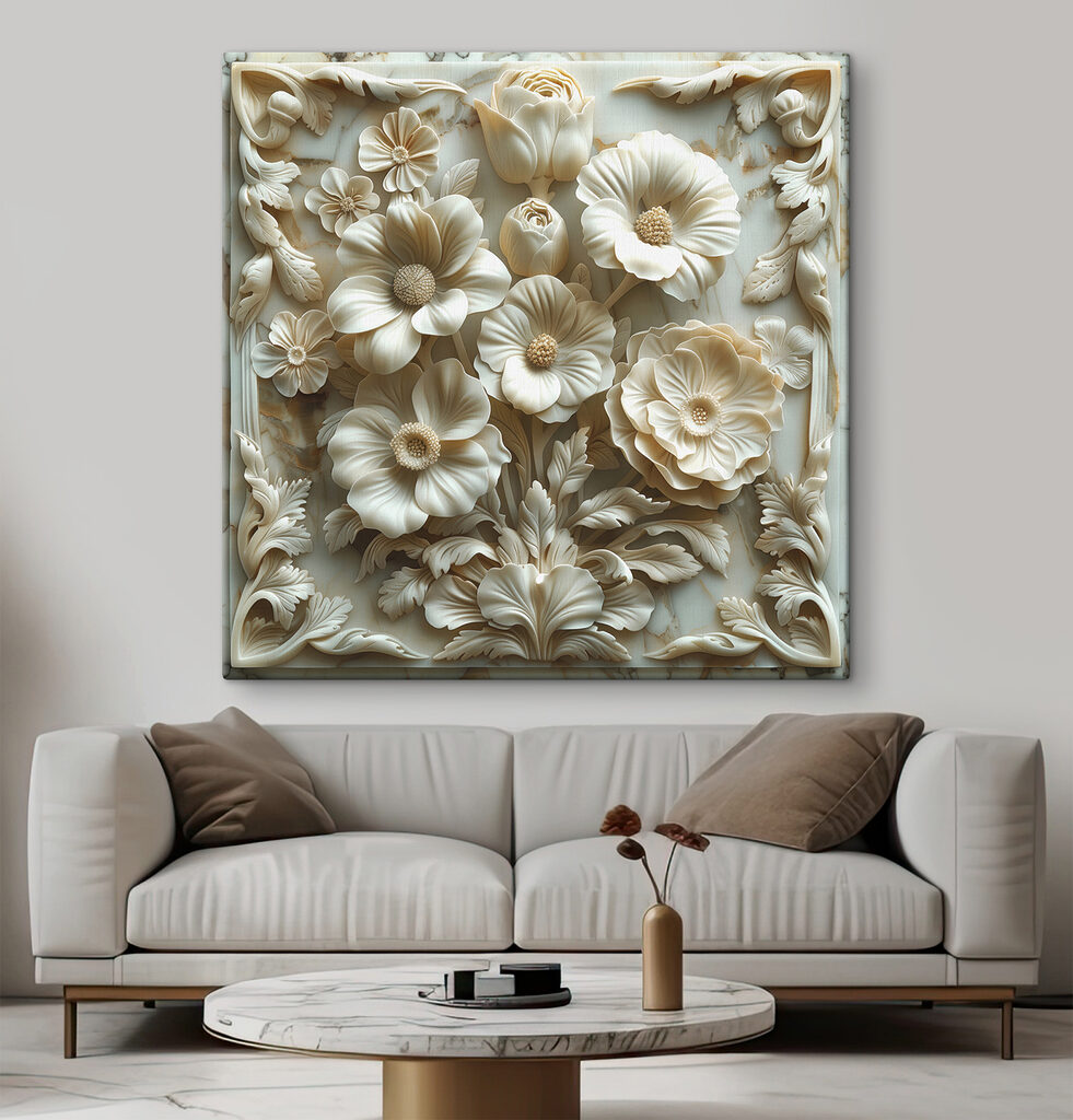White flower carving on a marble surface White flower carving on a marble surface