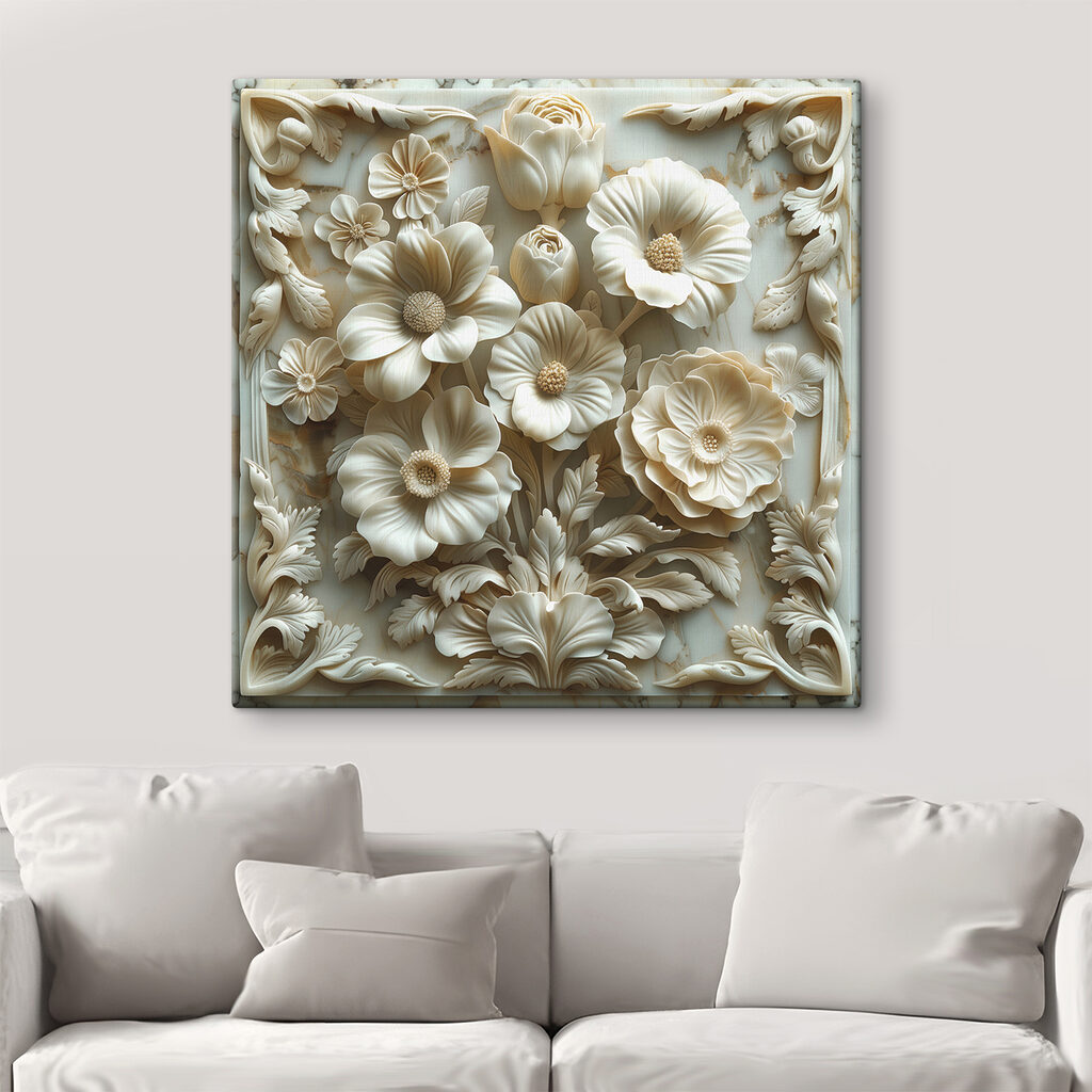 White flower carving on a marble surface White flower carving on a marble surface