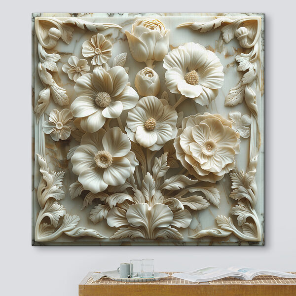 White flower carving on a marble surface White flower carving on a marble surface