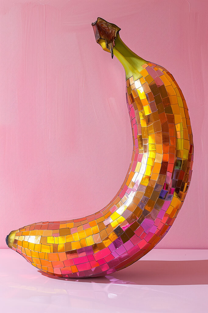 Colorful mirror banana on a pink background