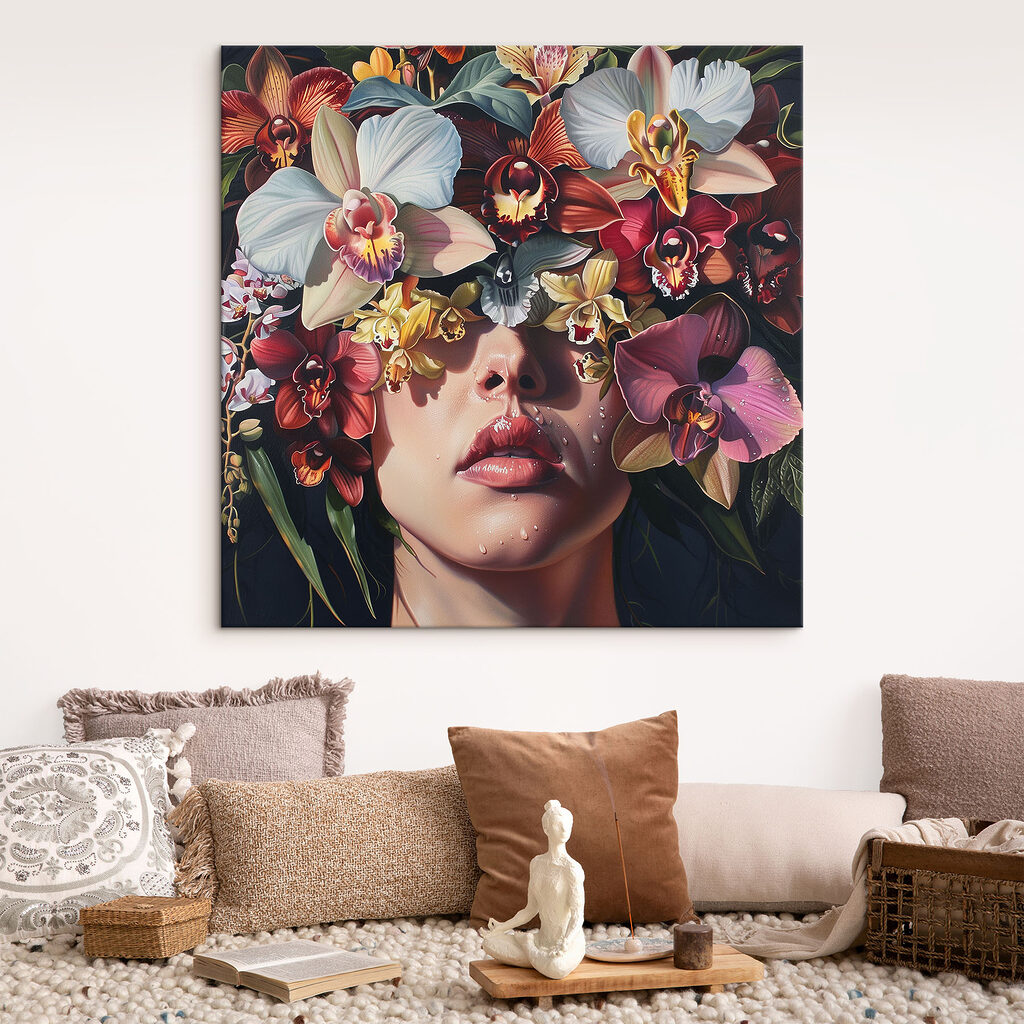 Painting of a woman with flowers on her head Painting of a woman with flowers on her head