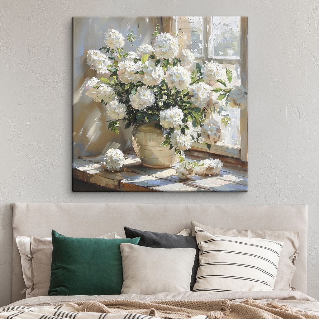 Vase of white flowers in front of a window Vase of white flowers in front of a window