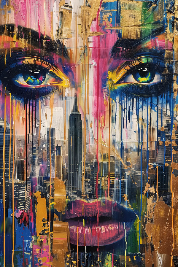 Painting of a woman's face with colorful paint dripping down Painting of a woman's face with colorful paint dripping down