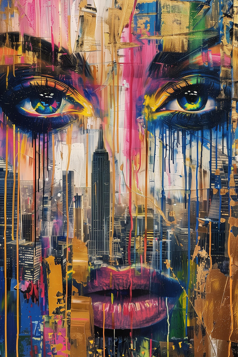 Painting of a woman's face with colorful paint dripping down Painting of a woman's face with colorful paint dripping down