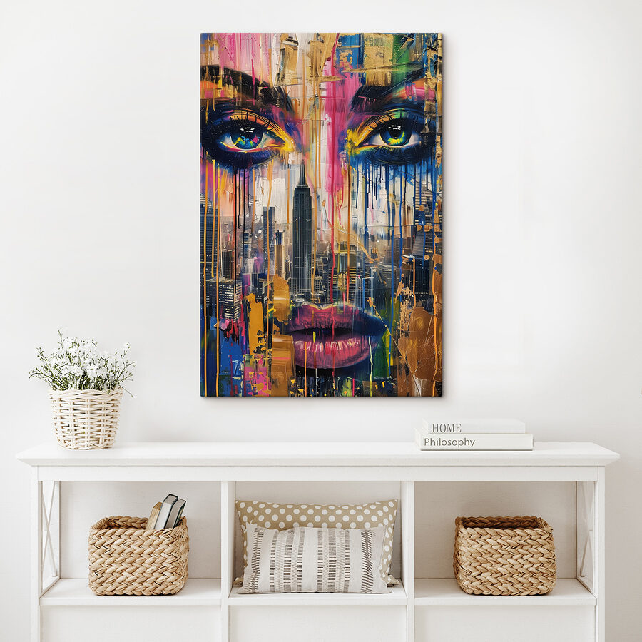 Painting of a woman's face with colorful paint dripping down Painting of a woman's face with colorful paint dripping down