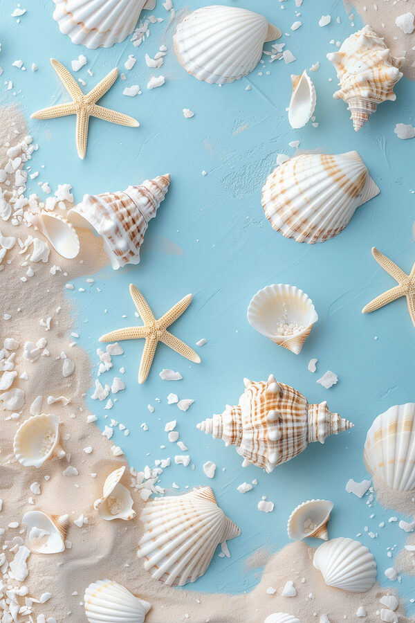 Group of seashells and starfish on sand Group of seashells and starfish on sand