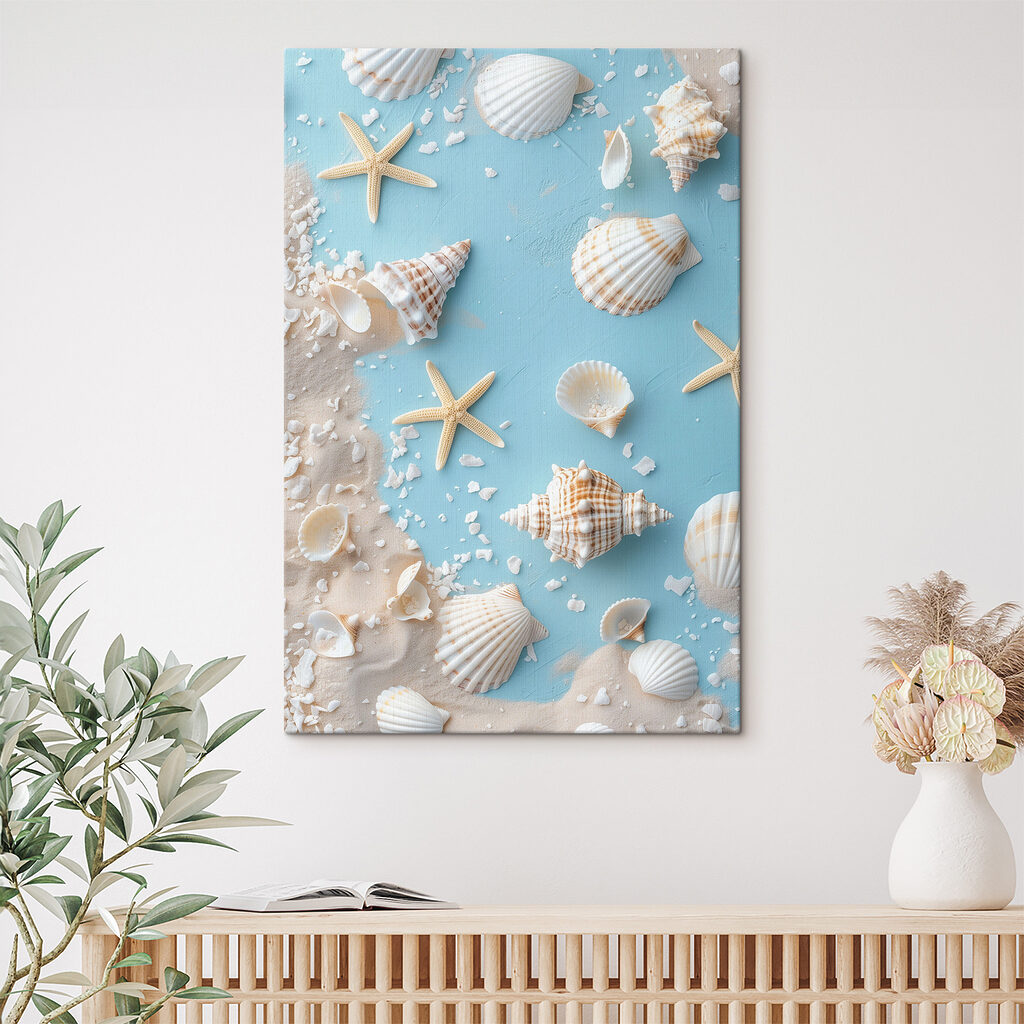 Group of seashells and starfish on sand