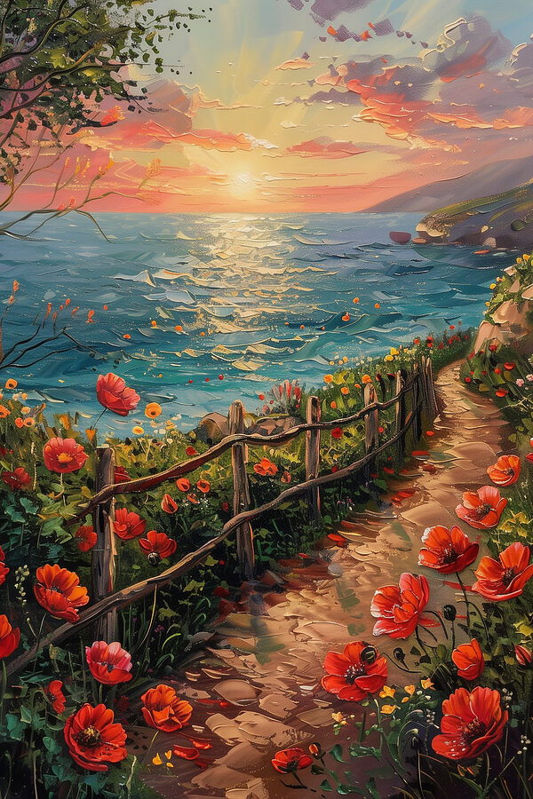Painting of a path by the water with flowers Painting of a path by the water with flowers