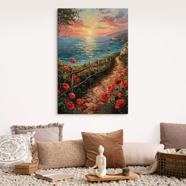 Painting of a path by the water with flowers Painting of a path by the water with flowers