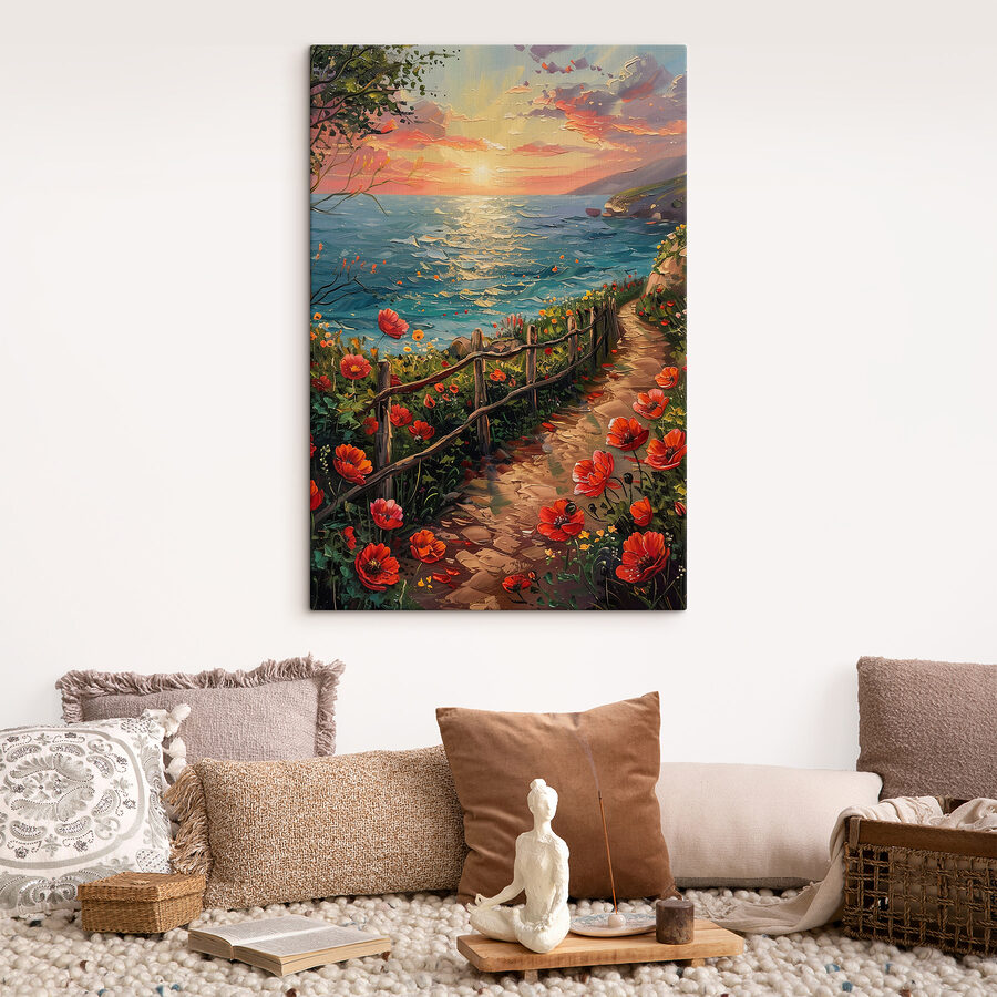 Painting of a path by the water with flowers Painting of a path by the water with flowers
