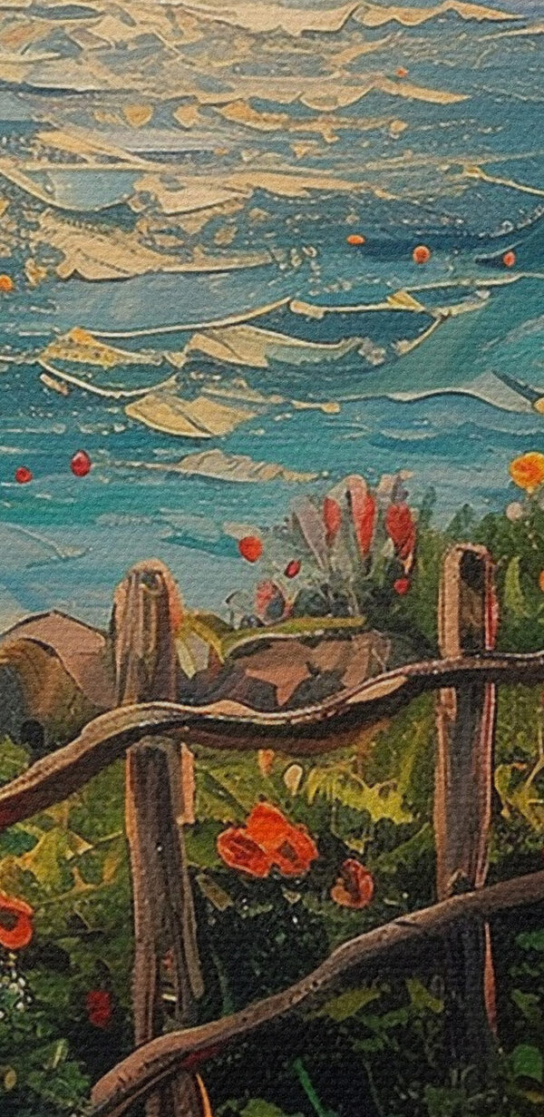Painting of a path by the water with flowers Painting of a path by the water with flowers