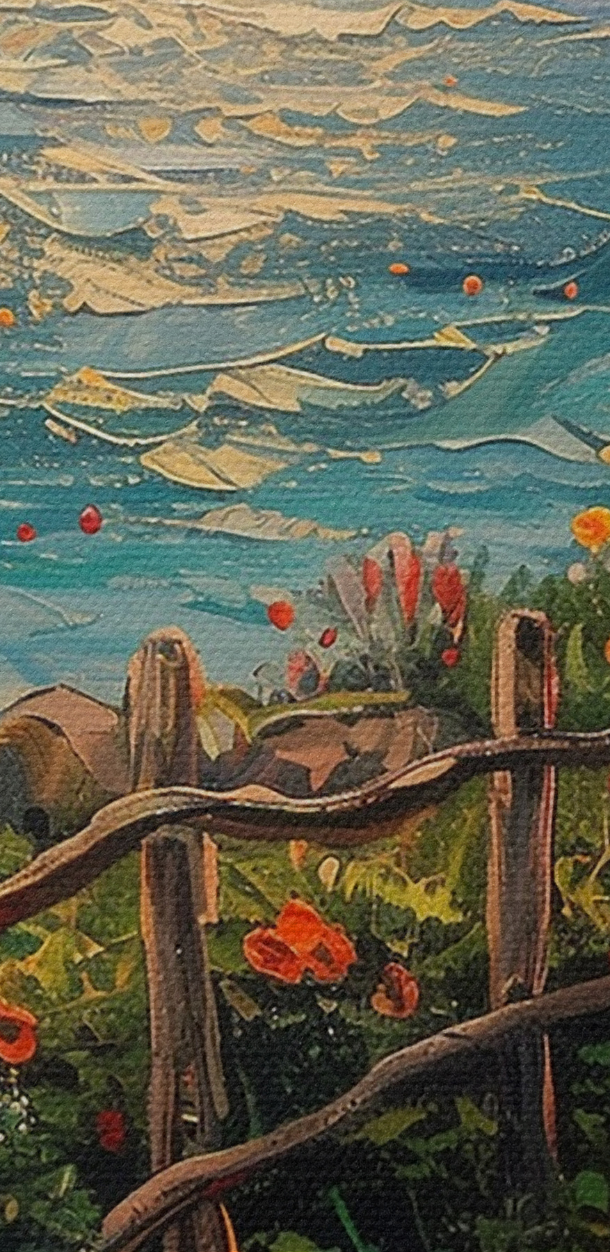 Painting of a path by the water with flowers Painting of a path by the water with flowers