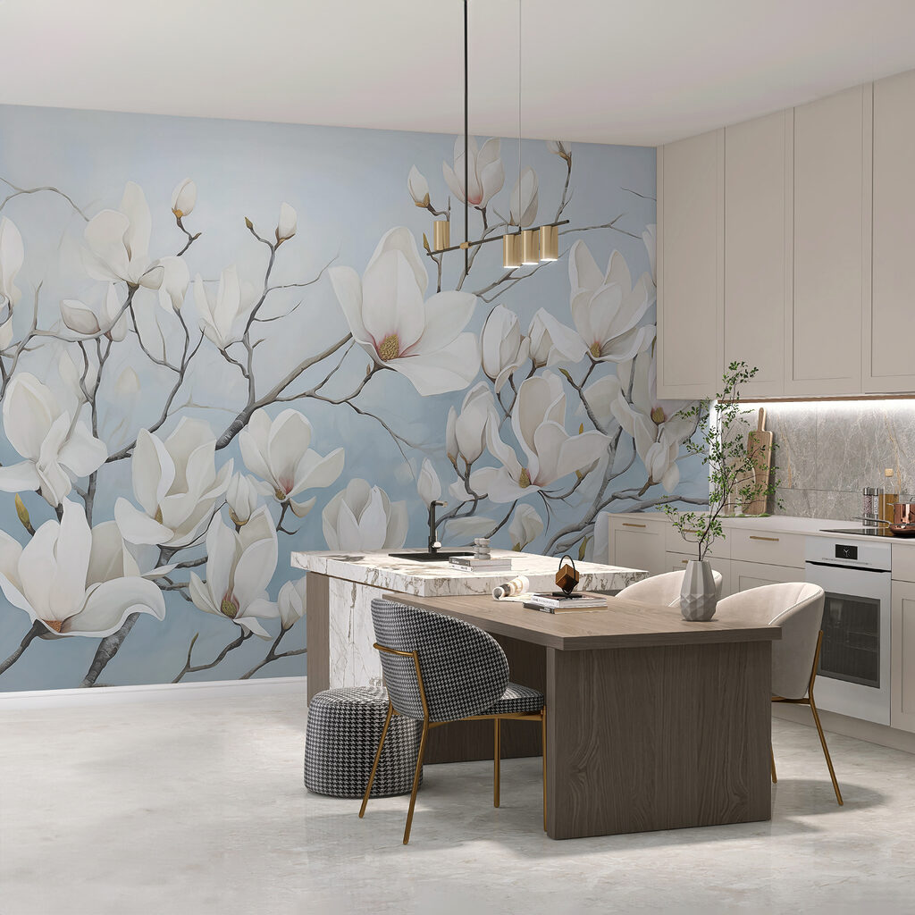 Painting of white flowers on a branch