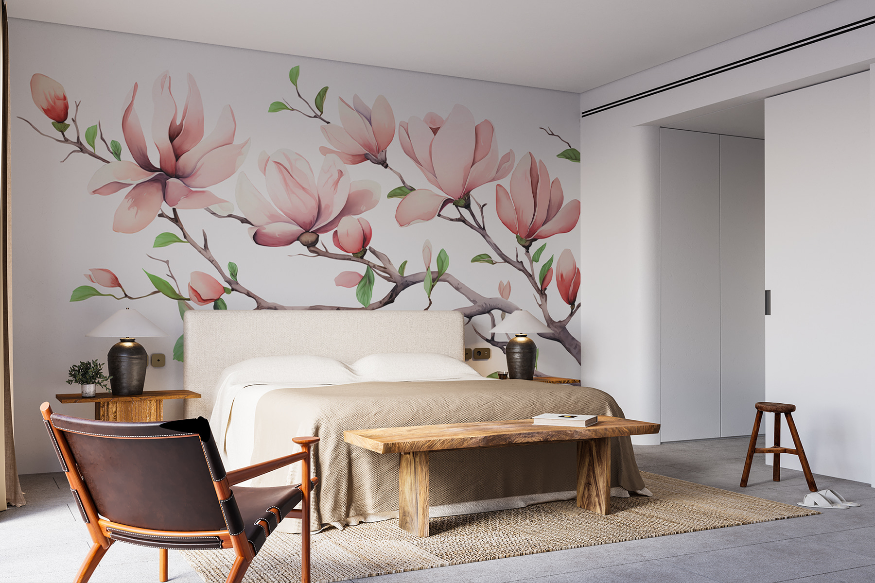 Branch with pink flowers and leaves