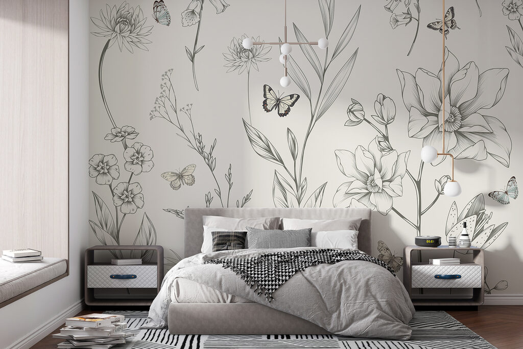 Wallpaper with flowers and butterflies