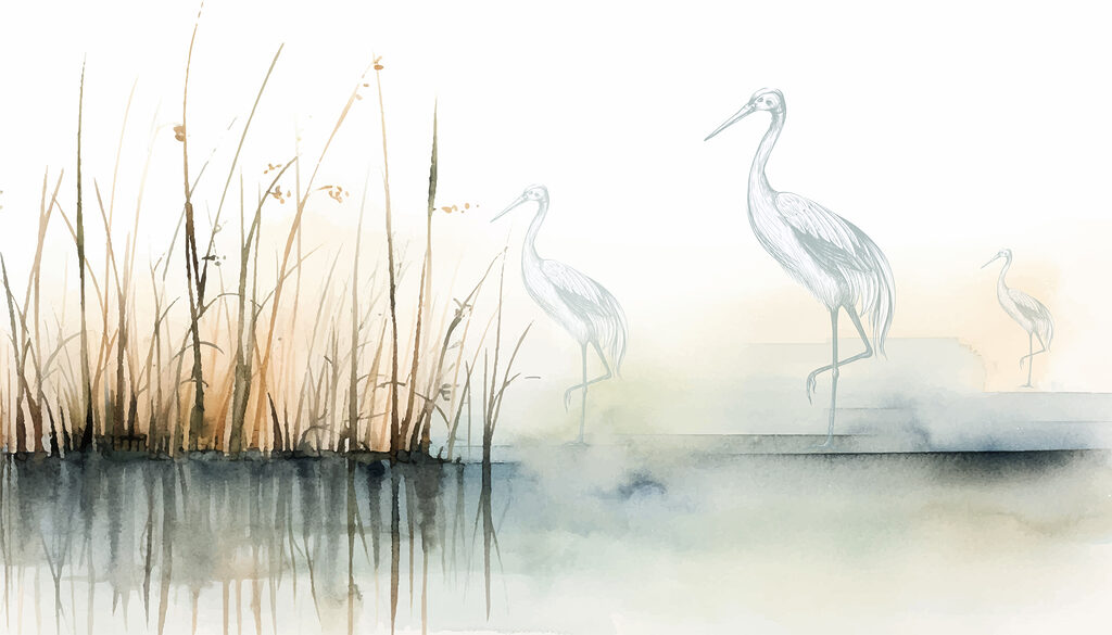 Drawing of birds standing on the water