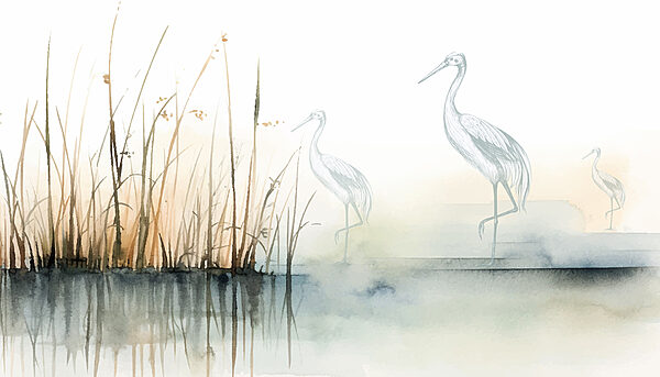 Drawing of birds standing on the water