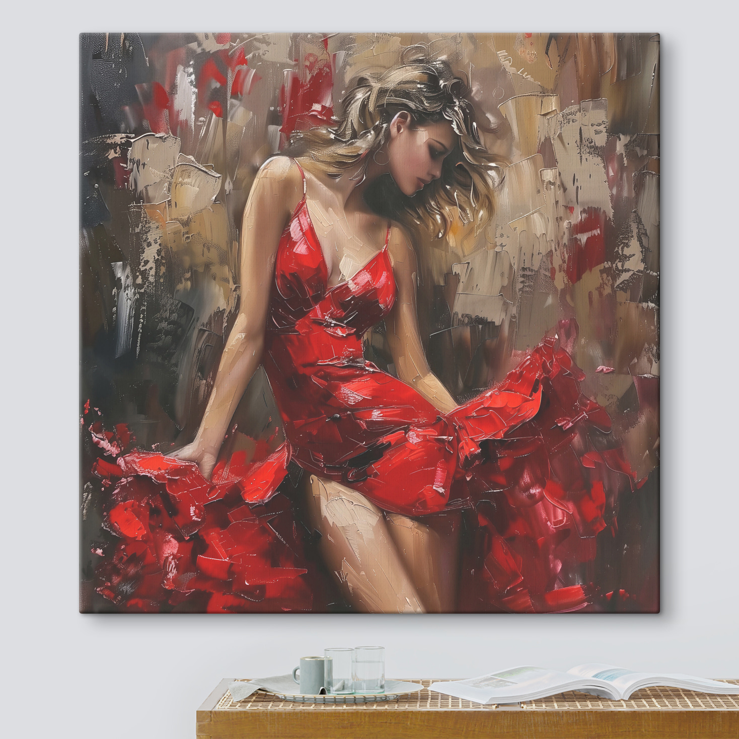 Painting of a woman in a red dress