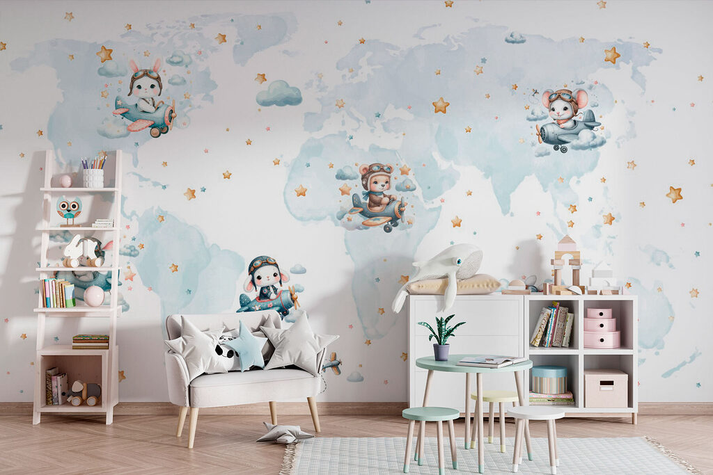 Map of the world with cartoon animals