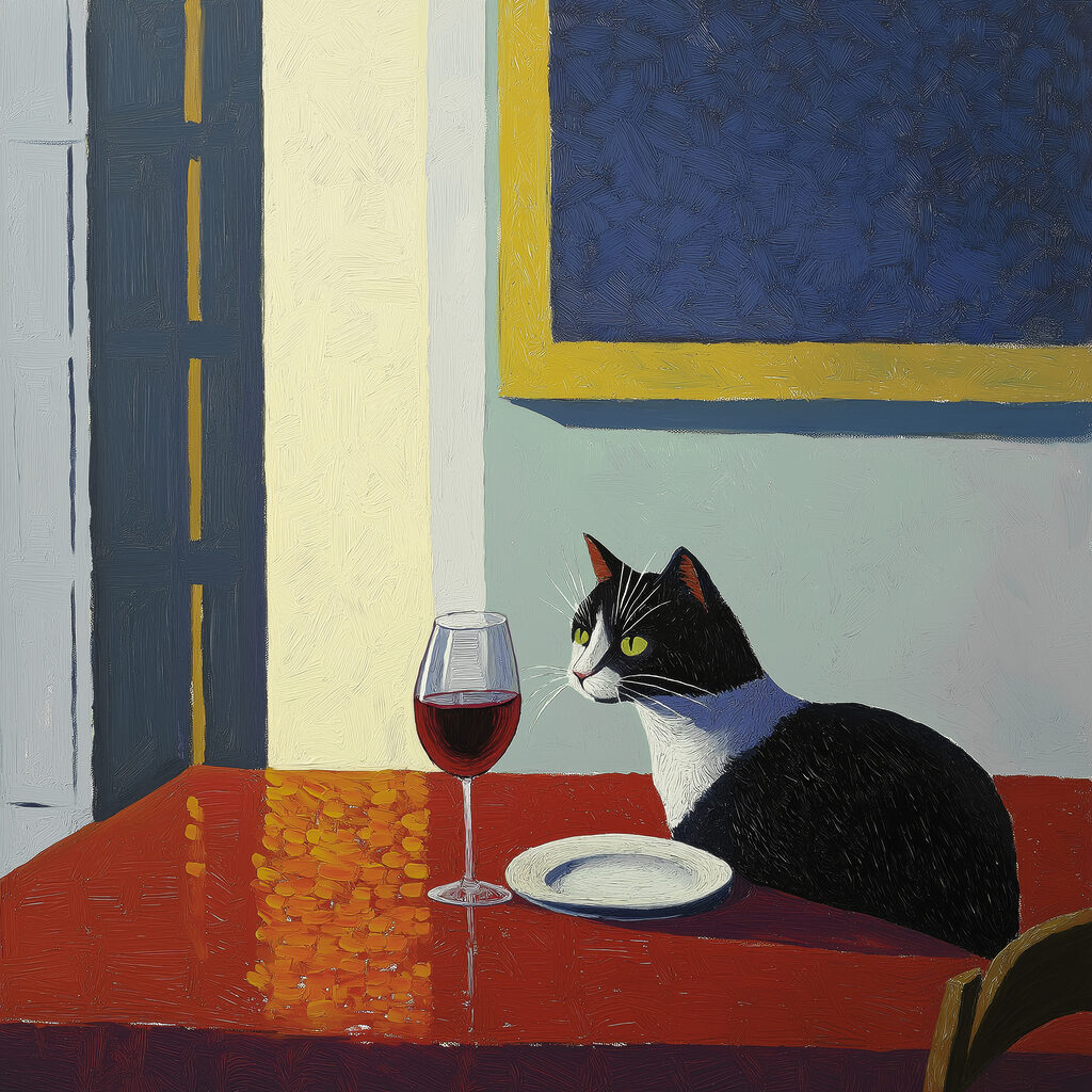 Cat sitting at a table with a plate and a plate