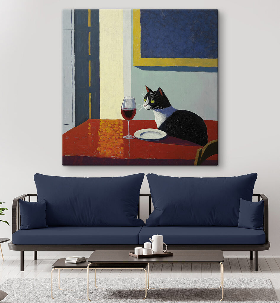 Cat sitting at a table with a plate and a plate