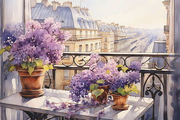 Watercolor painting of a balcony with purple flowers Watercolor painting of a balcony with purple flowers