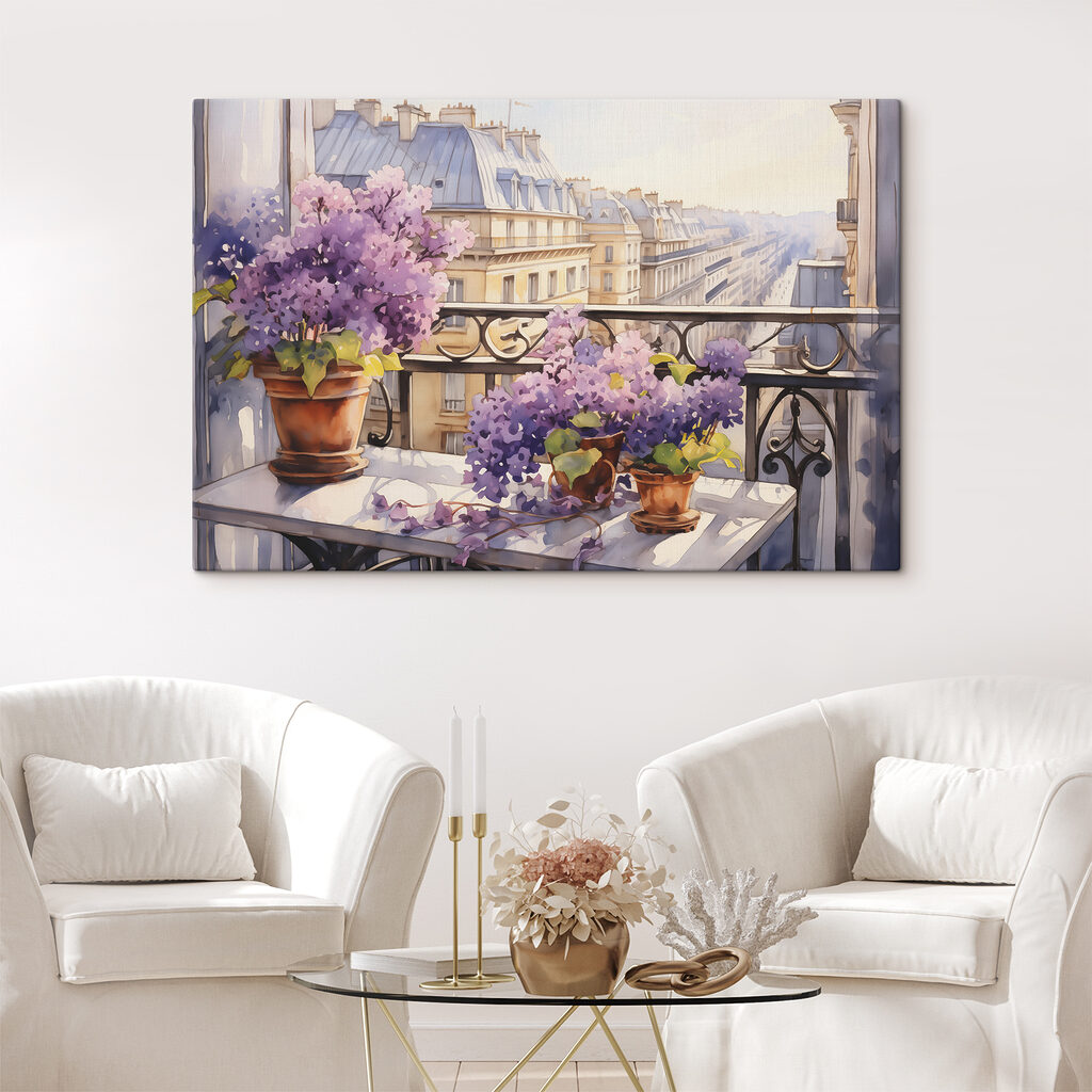 Watercolor painting of a balcony with purple flowers Watercolor painting of a balcony with purple flowers