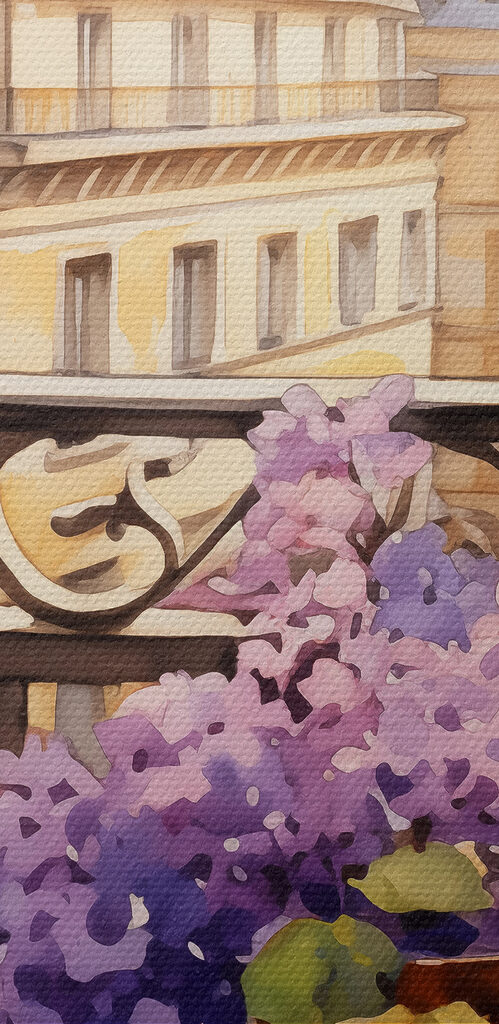 Watercolor painting of a balcony with purple flowers Watercolor painting of a balcony with purple flowers