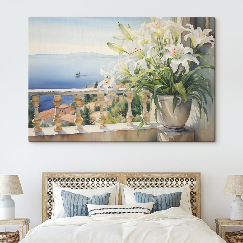 Painting of a balcony with a view of a city and a sea