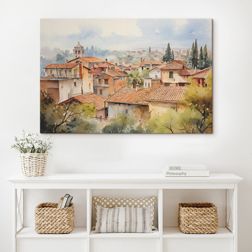 Watercolor of a town with many buildings and trees Watercolor of a town with many buildings and trees