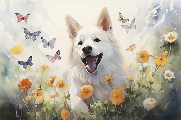 White dog with butterflies in a field of flowers White dog with butterflies in a field of flowers