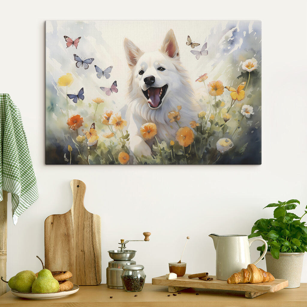 White dog with butterflies in a field of flowers White dog with butterflies in a field of flowers