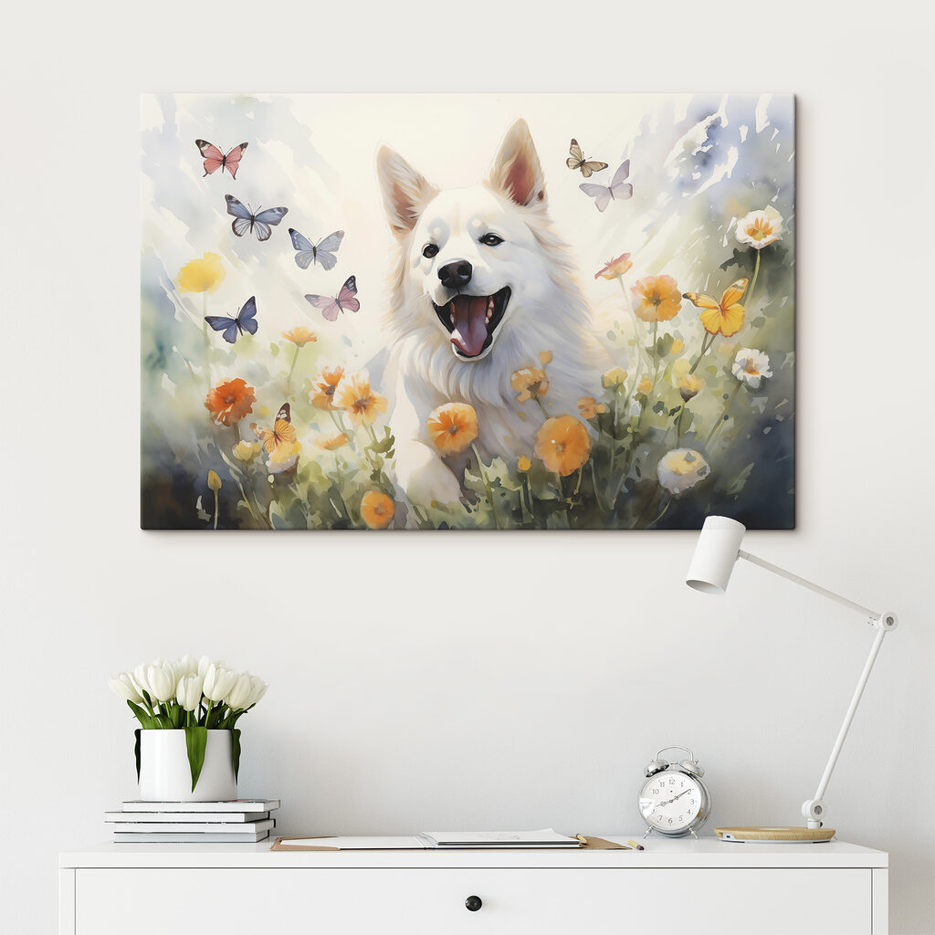 White dog with butterflies in a field of flowers White dog with butterflies in a field of flowers