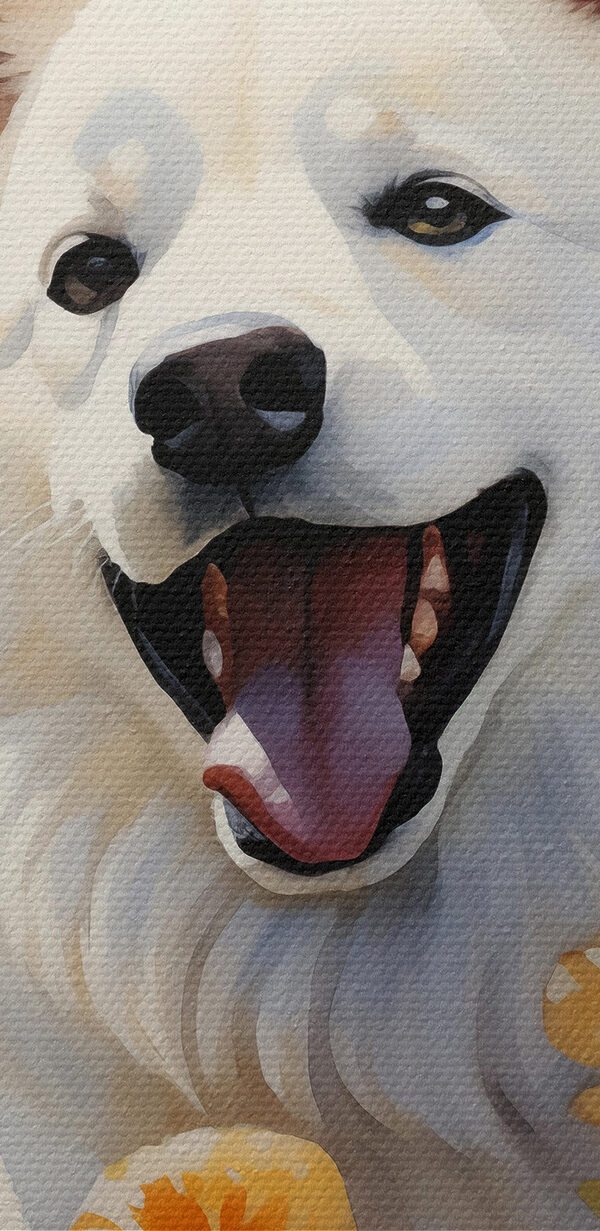 White dog with butterflies in a field of flowers White dog with butterflies in a field of flowers