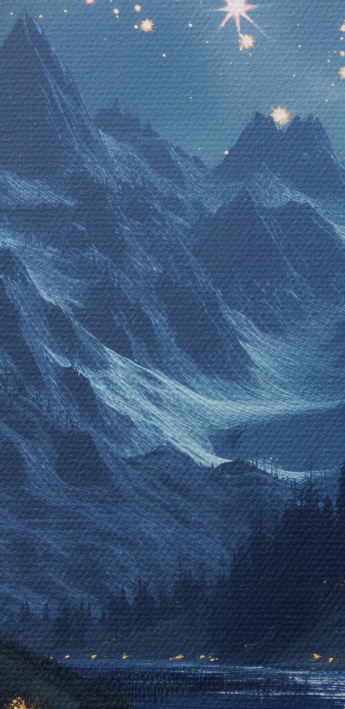 River with a mountain and stars in the sky